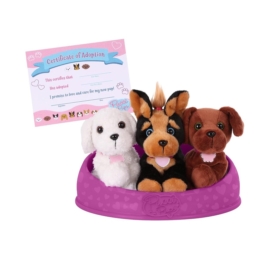 Adopt-A-Pup: Bichon, Yorkie & Chocolate Lab - plush three pups and bag