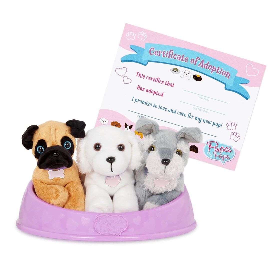 Adopt-A-Pup: Pug, Maltese & Schnauzer - plush three pups and bag