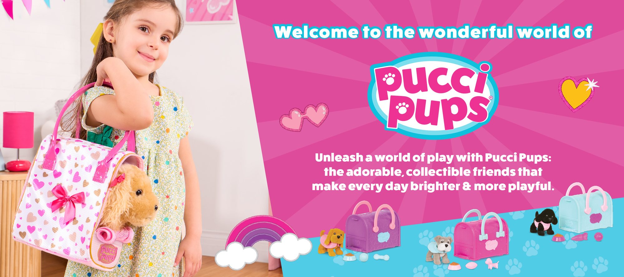 A girl carrying a Pucci Pups cocker spaniel in a heart-print carrier bag