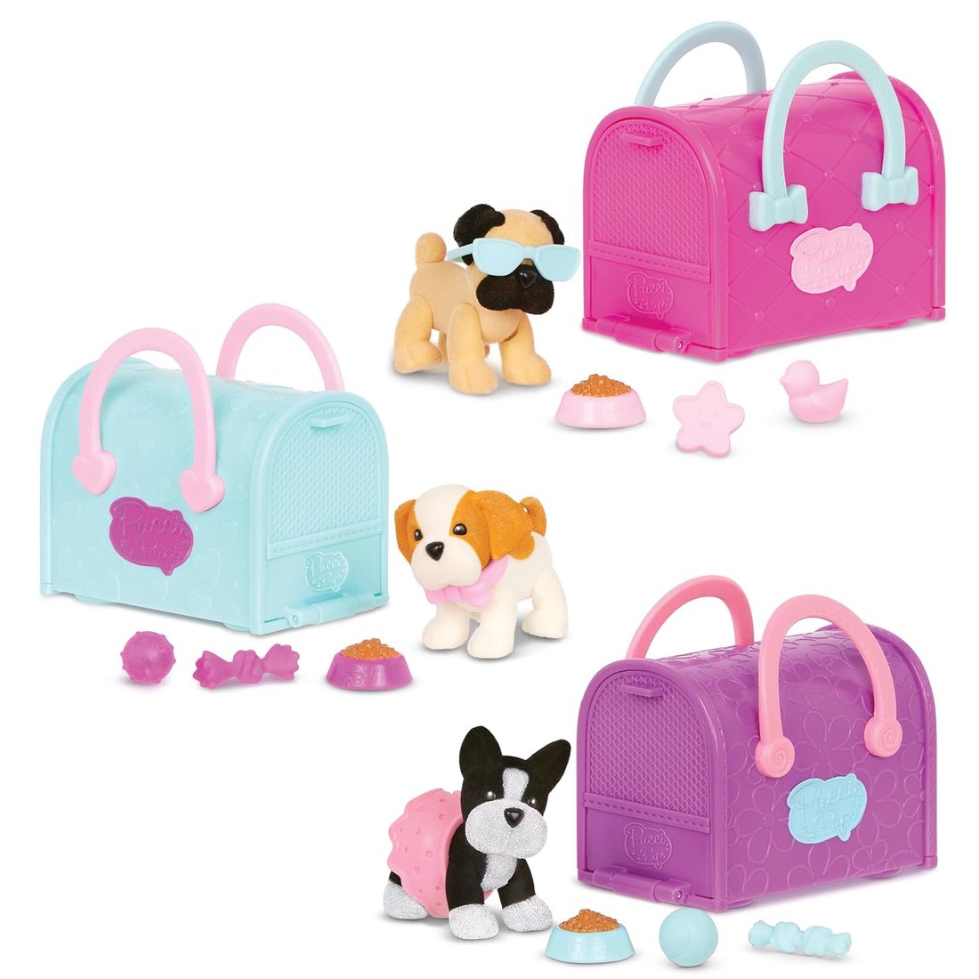 Surprise Trio: Boston Terrier, Pug & Shih Tzu - plush three pups and bag