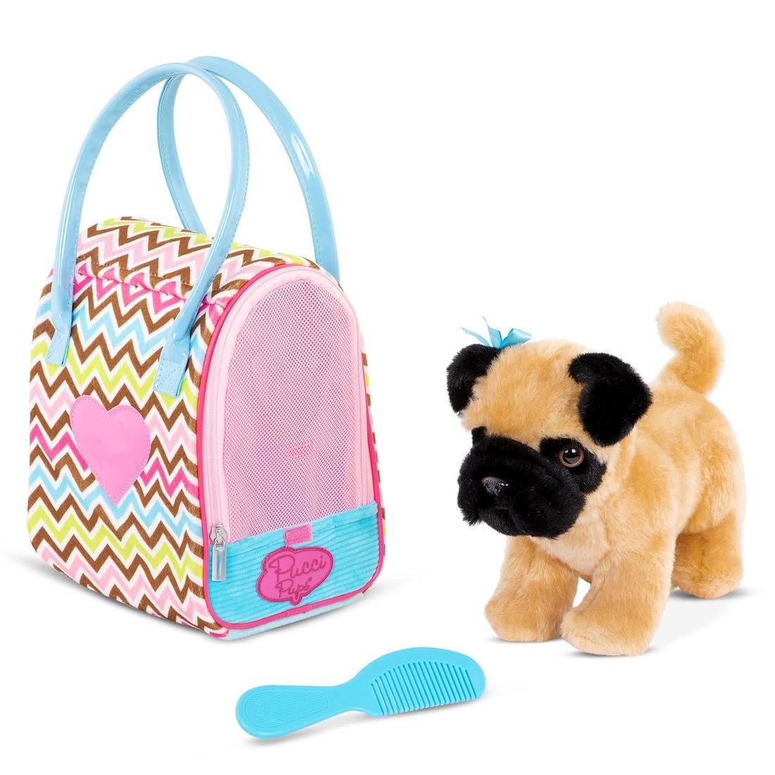 Zigzag Carrier Bag & Pug - plush pug and bag